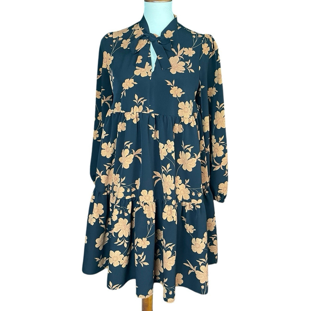 Sanctuary Black Floral Long Sleeve Dress with Bow Detail Small Tiered Boho